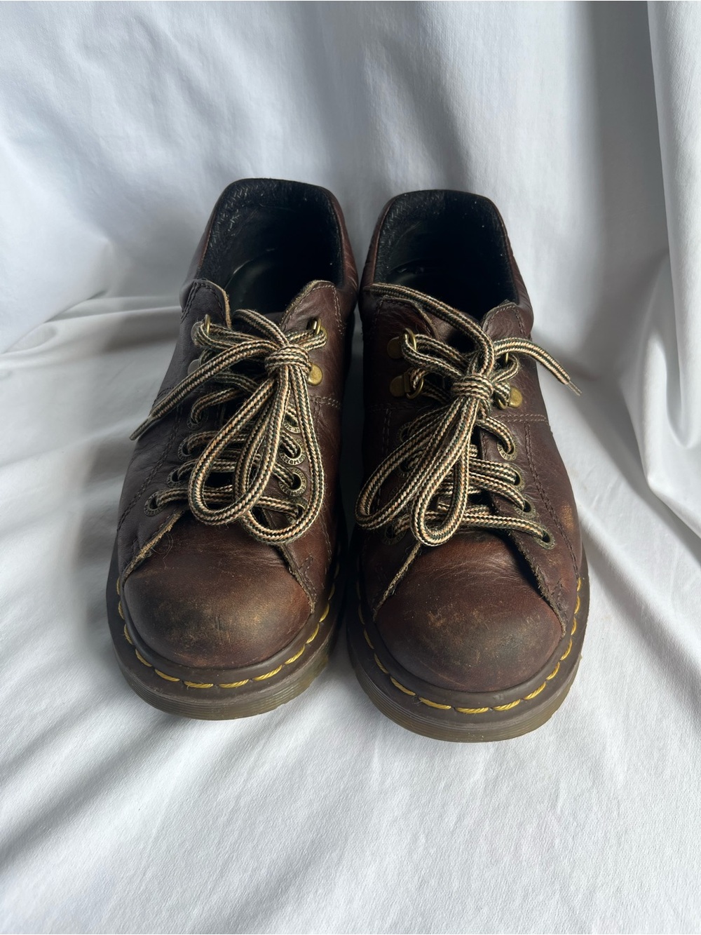 Dr. Martens Brown Leather Lace-Up Work Shoes with Yellow Welt Stitching